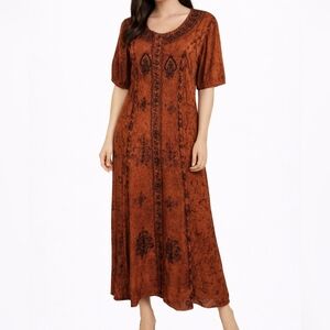 Vtg PURE GOLD Floral Embroidered Batik Tie Back Boho Festival Dress